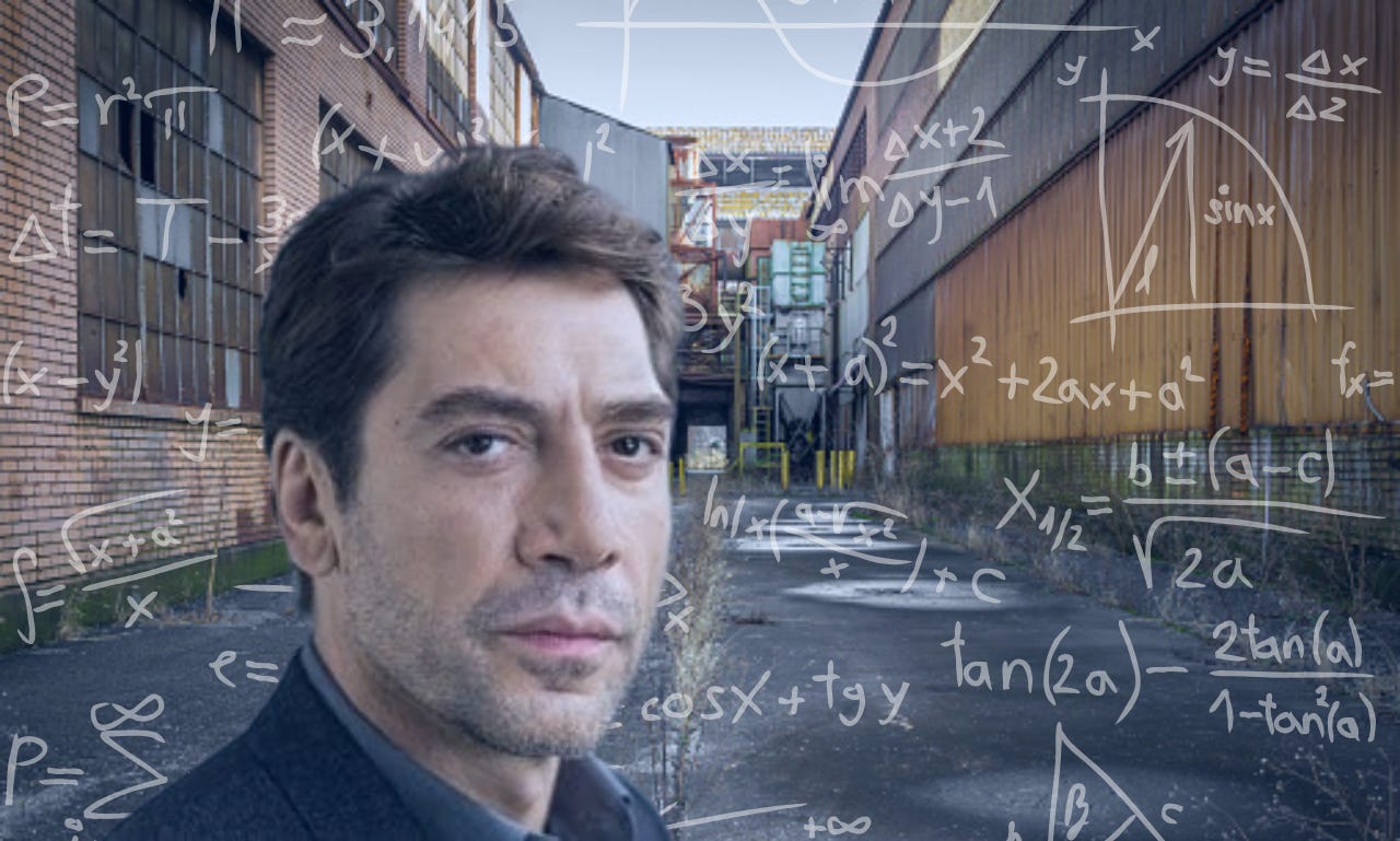 Photoshopped image of Javier Bardem standing in an alley. Everything is colored grey and blue. There are semi-transparent, handwritten mathematical equations superimposed on the image