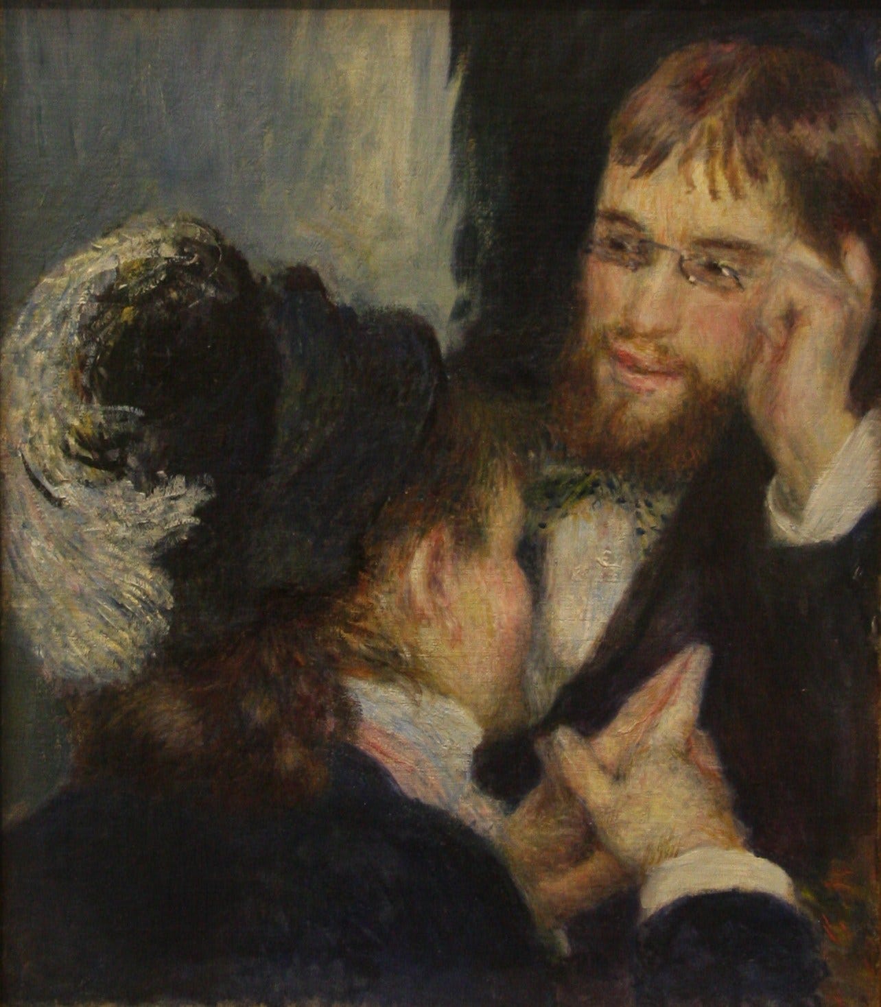 Renoir's The Conversation with a young man with glasses and a beard listening to a woman with her back to us wearing a black hat with white feather.