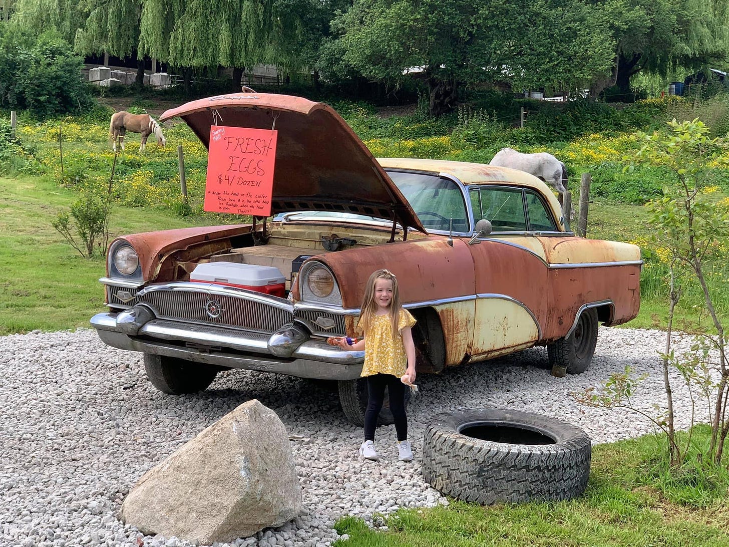 Girl standing in front of old car that serves as a farm stand