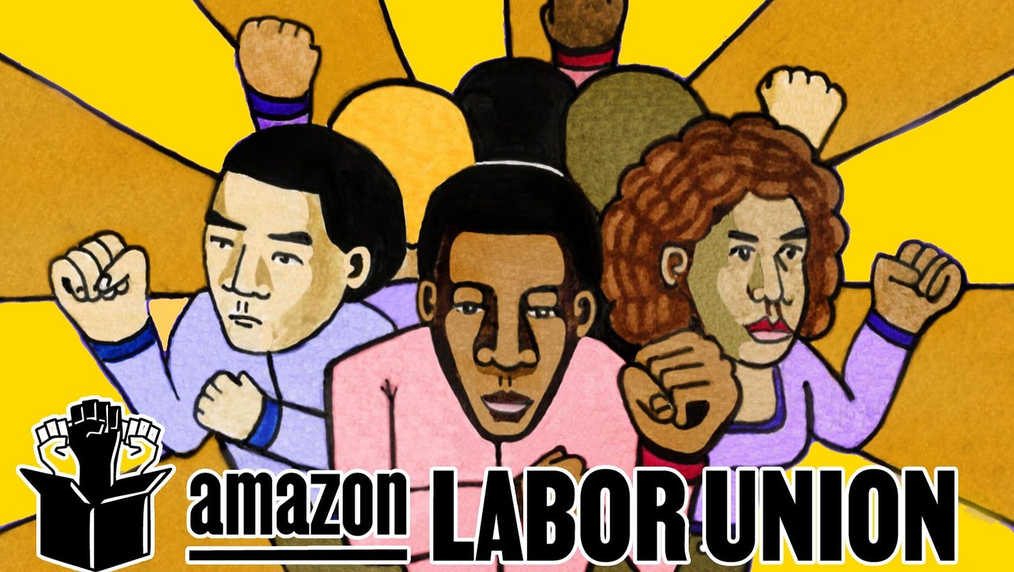 Illustration depicting a group of workings with fists raised and "amazon LABOR UNION" written across the bottom