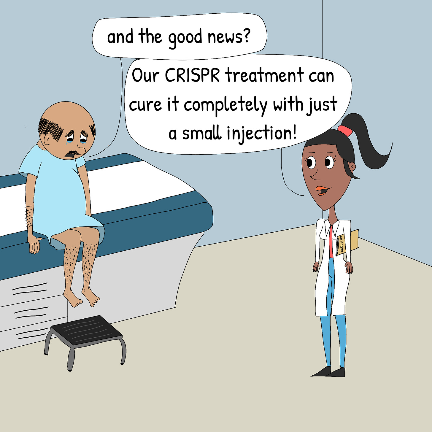 Panel 4: Looking down with tears filling his eyes, Mr. Abdullah asks: "and the good news?". Tori responds: "Our CRISPR treatment can cure it completely with just a small injection!"