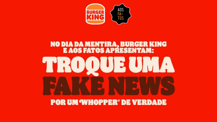 Foto com fundo vermelho acompanhada do logo do Burger King e do Aos Fatos na parte superior com a escrita 