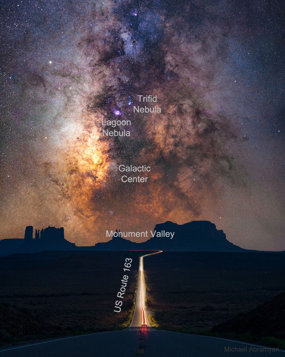 The picture shows the a composite image of Monument Valley, Utah, USA 
in the foreground, and the plane of the Milky Way Galaxy including 
the Galactic Center in the background. 
Please see the explanation for more detailed information.