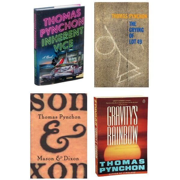 Photos of the book covers of four Thomas Pynchon novels: “Inherent Vice,” “The Crying of Lot 49,” “Gravity’s Rainbow,” and “Mason & Dixon.”