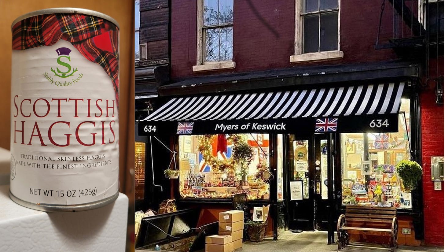 A can of Stahly brand Scottish Haggis, and an exterior photo of the Myers of Keswick store