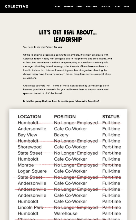 A screenshot from the Colectivo Coffee website crossing off the identities of workers with red ink and calling union organizers bad leadership.