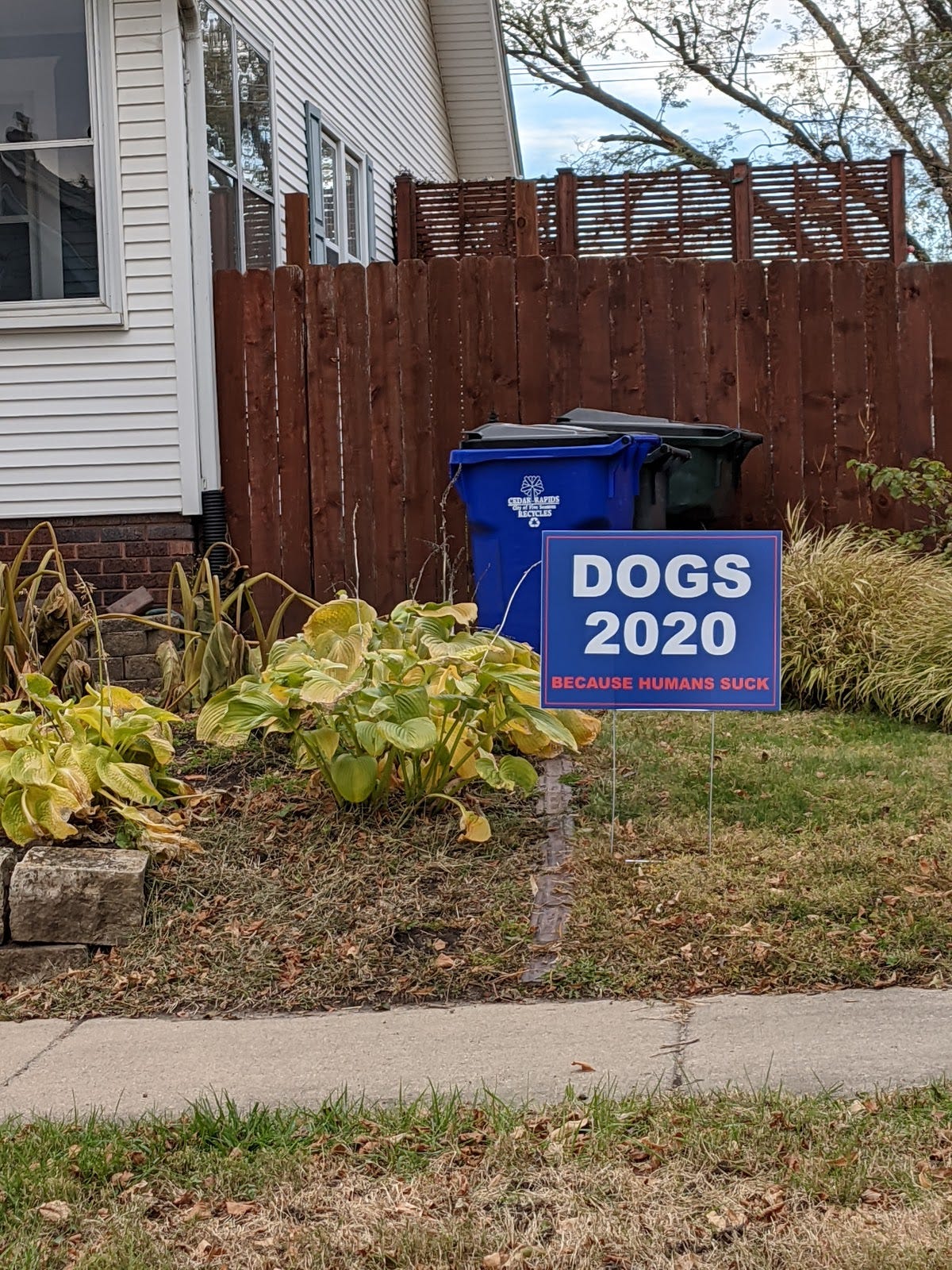 A yard sign that reads "Dogs 2020: Because Humans Suck"