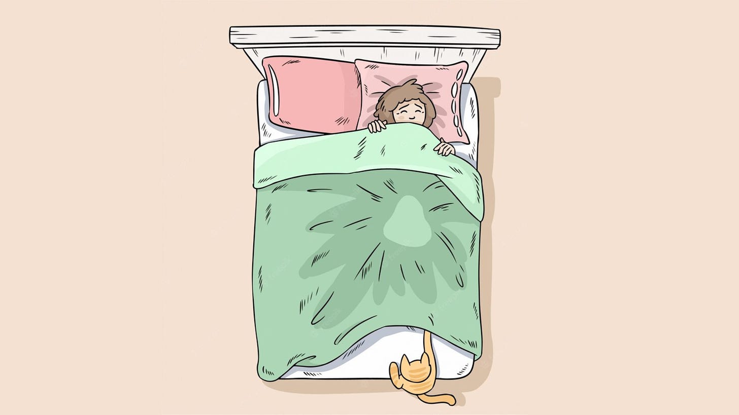 Digital illustration of a mousey haired women tucked up in a white wooden bed with pink pillows and a green duvet. A yellow striped cat is sneaking its way in under the covers at the end of the bed.