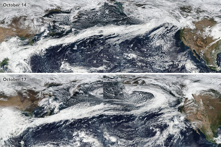 Two wide photos showing a long stream of clouds ranging over the Pacific ocean