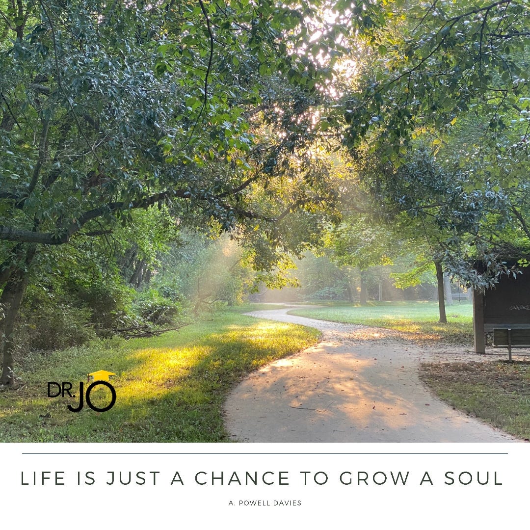sunlit walking path shows beams of light shining onto the ground. Photo by Dr. Jo. Text says, "Life is just a chance to grow a soul."