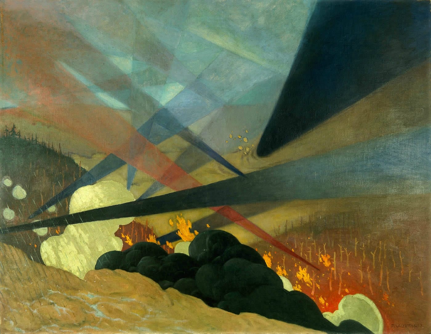 A painting of the Battle of Verdun from 1917. Smoke and burn trees existing in burning hills between beams of light.