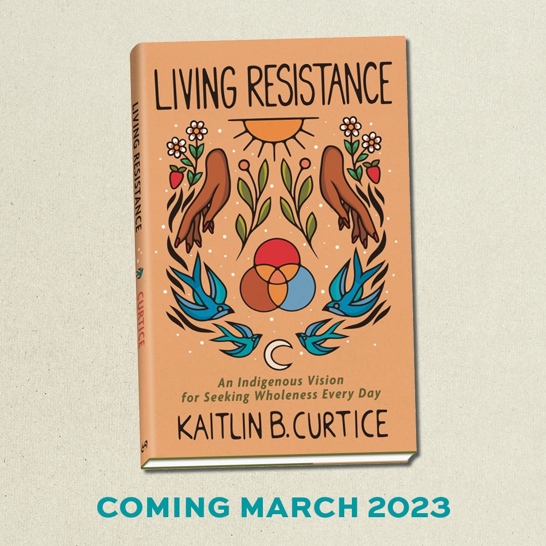 Kaitlin's book, Living Resistance with a tan cover, brown hands reaching own toward blue birds with nature imagery surrounding them and a Venn diagram in the middle with 3 circles of different colors--blue, brown and red with yellow in the middle 