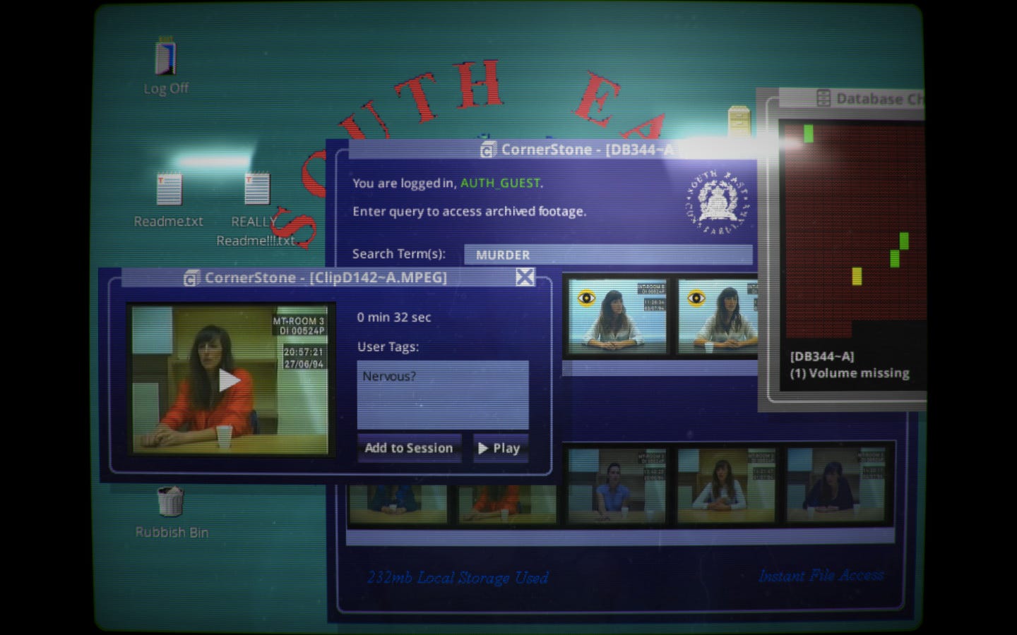 A 1990s-style computer desktop screen, with several windows open. One is a search window where the term "MURDER" has been entered, and various photo thumbnails of a woman being interviewed are lined up below. A smaller window shows a larger preview of one of the thumbnails, and a box labeled "User Tags" has been edited to say "Nervous?"