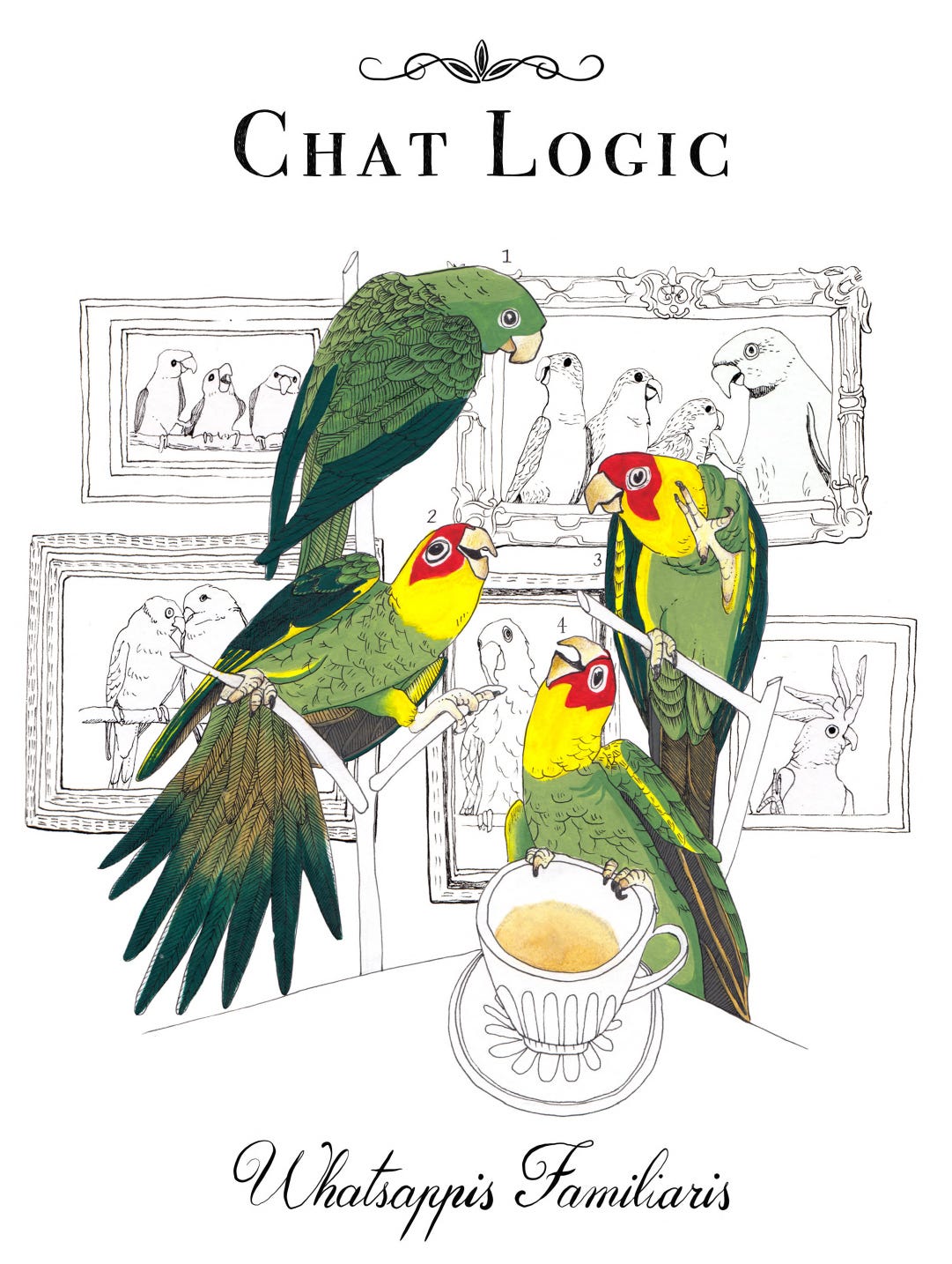Image description: Green parrots engage in a salon style conversation. 
