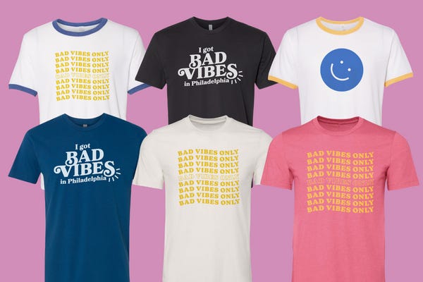 Graphic featuring six different Bad Vibes Only tour tees in various colors