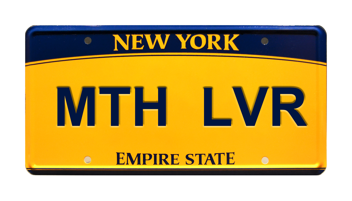 New York license plate with the letter M T H and L V R.