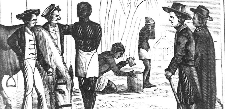woodcut of enslaved people, sailors, horse