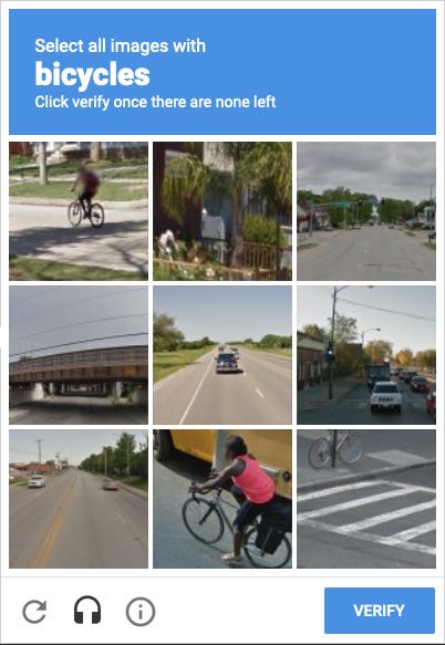 A Captcha asking you to select the images of bicycles