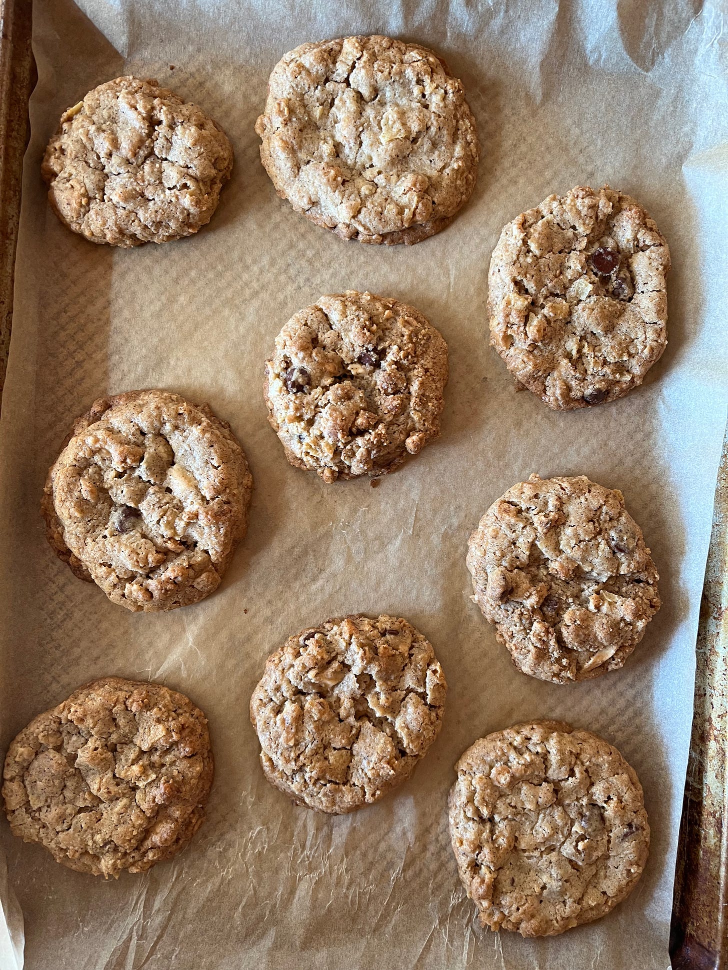 Freshly baked cookies on a sheet pan.