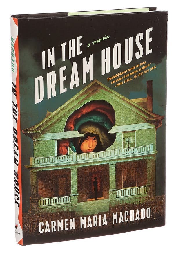 Cover of In The Dream House—A woman’s face peaks out of layers in hole in a drawing of a house.
