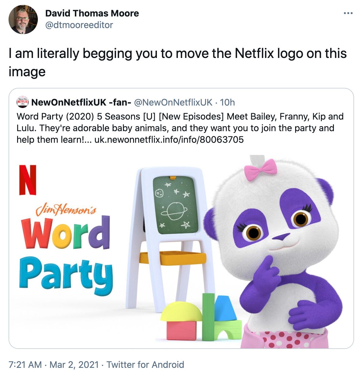 Tweet reading "I am literally begging you to move the Netflix logo on this image" above a tweet promoting a show that looks like it's named "Jim Henson's N Word Party"