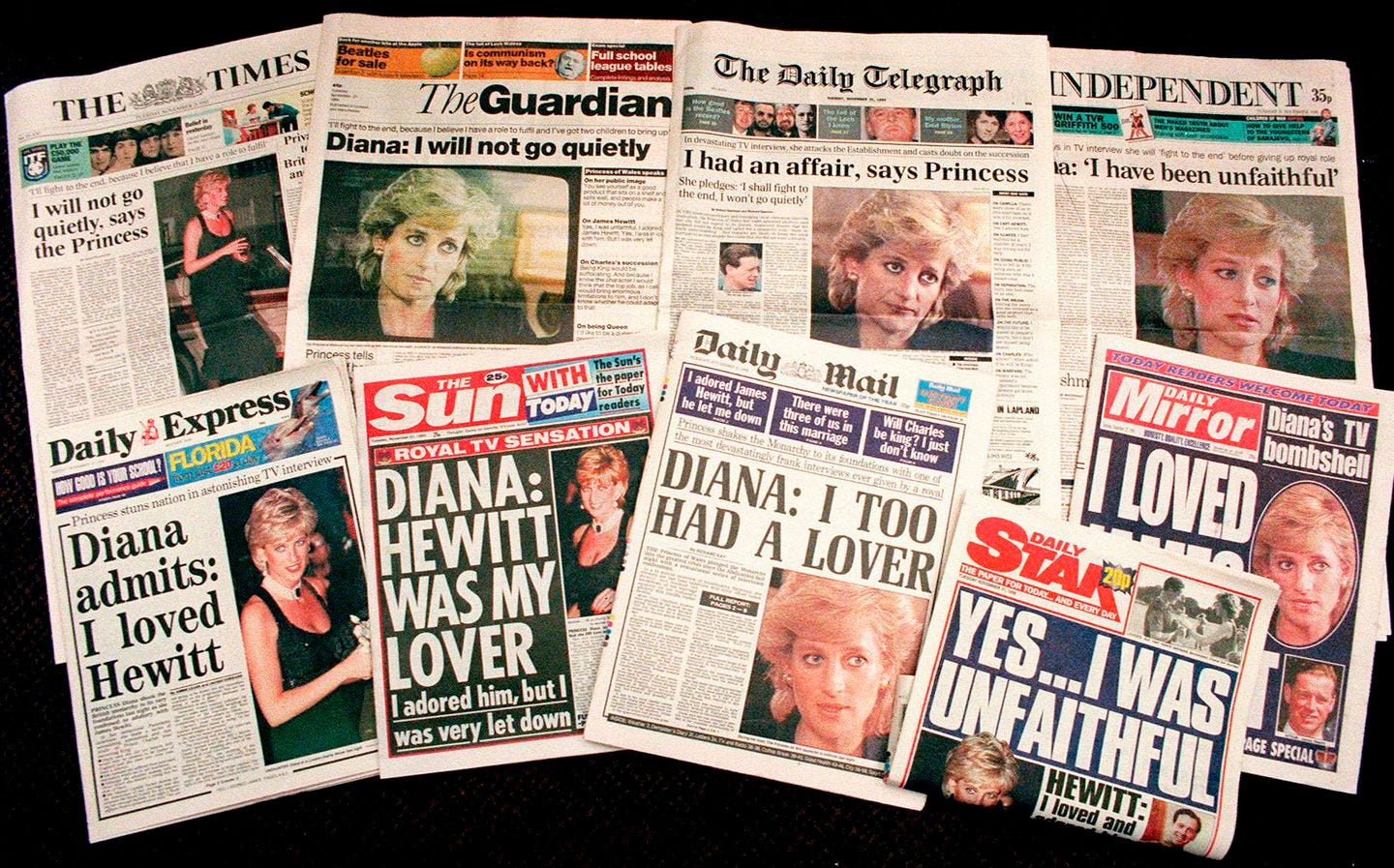 In this Nov. 21, 1995 photo a selection of front pages of most of Britains's national newspapers showing their reaction to Princess Diana's television interview with BBC journalist Martin Bashir. Prince William and his brother Prince Harry have issued strongly-worded statements criticizing the BBC and British media for unethical practices after an investigation found that Bashir used "deceitful behavior" to secure Princess Diana's most explosive TV interview in 1995.