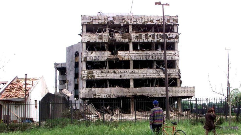 The destroyed side of the Chinese embassy in Belgrade