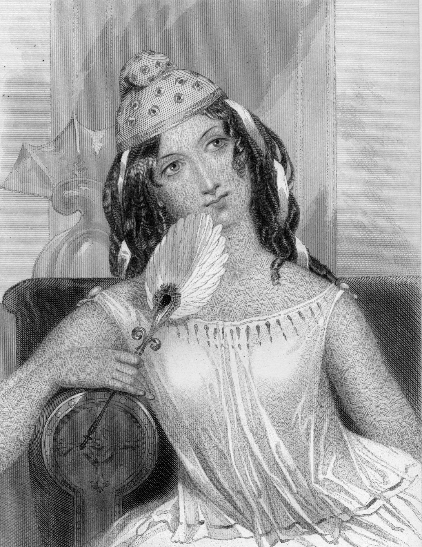 A Victorian etching of a woman in ancient Greek-style clothing leaning against the arm of her chair. She holds a feathered fan to her mouth as she gazes thoughtfully up and away from the viewer.