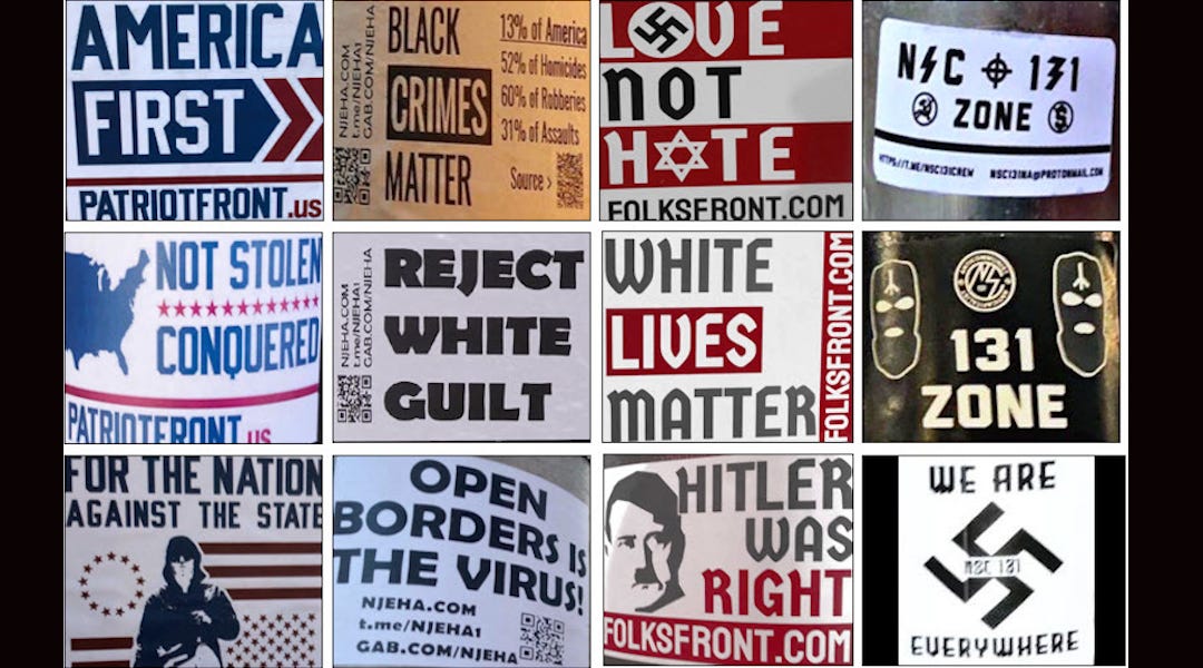 White supremacist propaganda documented by the Anti-Defamation League in 2020 referencing American iconography & slogans