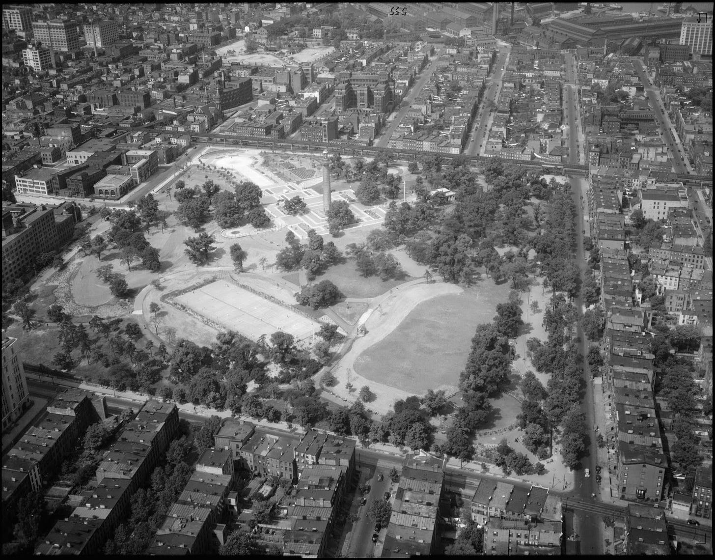 A black and white overhead photo of Fort Greene