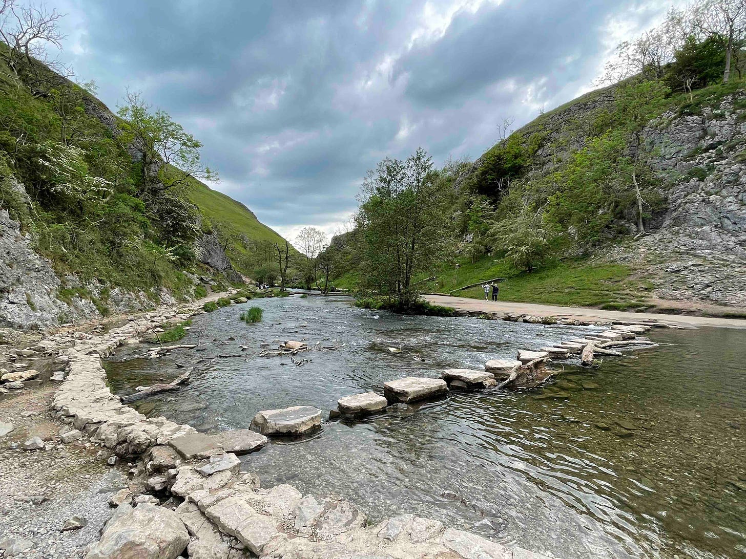Colour photograph of the stepping stones across the River Dove in the Dovedale Valley, Peak District, UK