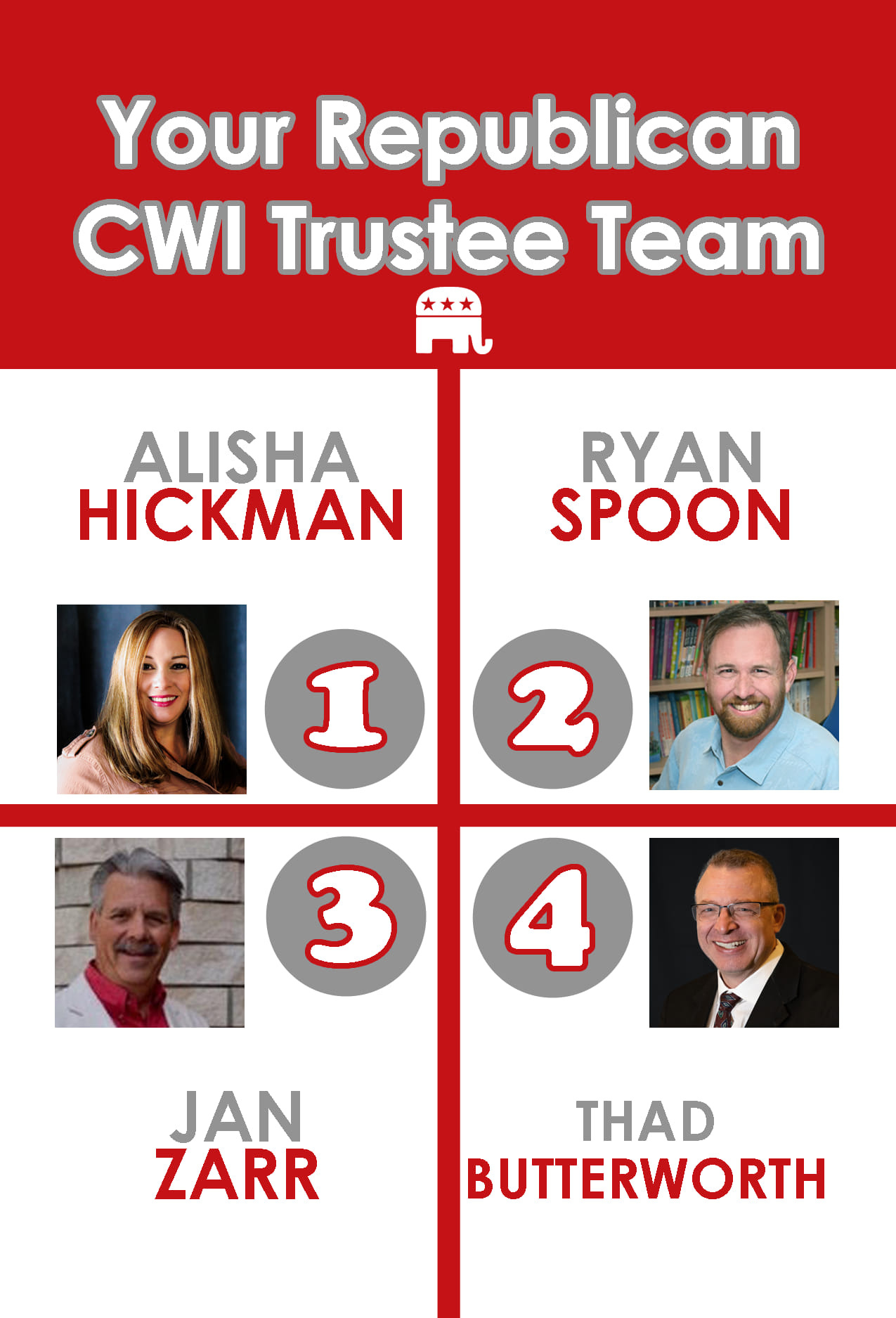May be an image of 4 people and text that says 'Your Republican CWI Trustee Team ALISHA HİCKMAN RYAN SPOON 1 2 3 4 JAN ZARR THAD BUTTERWORTH'