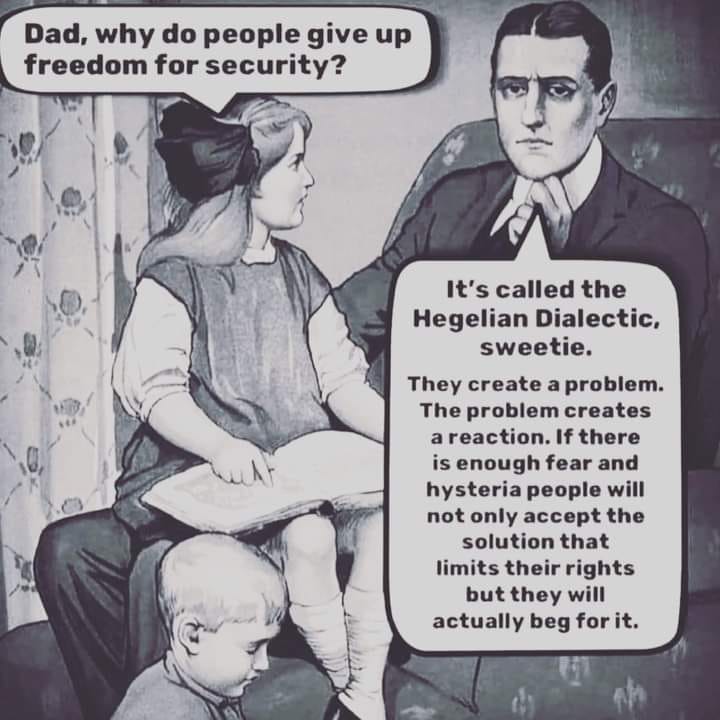 May be an image of one or more people and text that says 'Dad, why do people give up freedom for security? 내사 It's called the Hegelian Dialectic, sweetie. They create a problem. The problem creates a reaction. If there is enough fear and hysteria people will not only accept the solution that limits their rights but they will actually beg forit.'