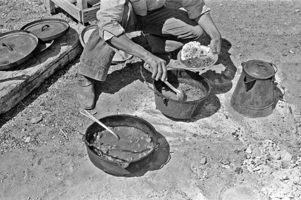 West Texas Cowboy Chuck: Chili, Beans, and Tortillas, photo by Russell Lee, 1939