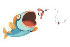 Fish catch. Cartoon fish catching the fishing lure. Jumping to catch a bait. Sports hobby. Fishing or hunting on worm vector illustration.