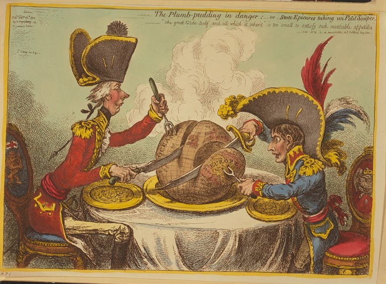 The Plumb-pudding in danger, or, State epicures taking un petit souper painting depicting a short Napoleon eating dinner