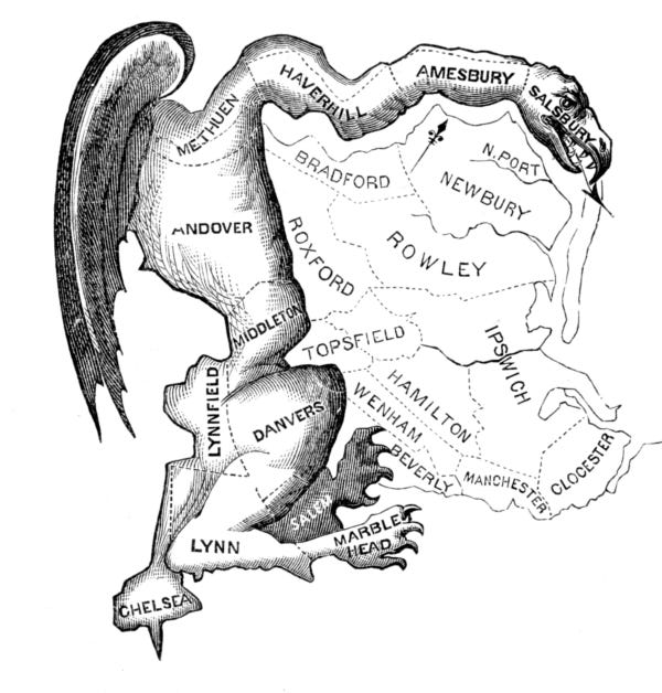 Political cartoon from 1812 displaying the salamander-shaped “Gerry-mander” district.