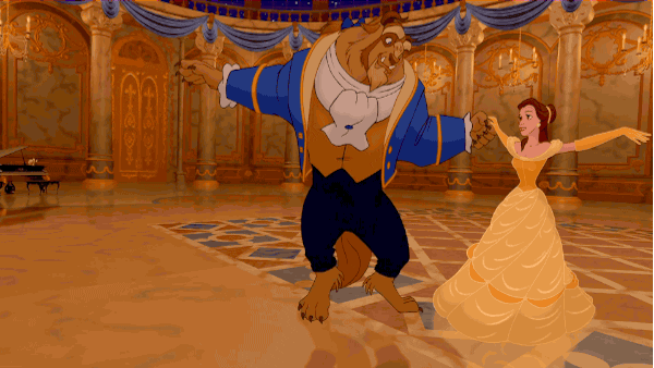 Belle and the Beast dancing in Disney's "Beauty and the Beast".