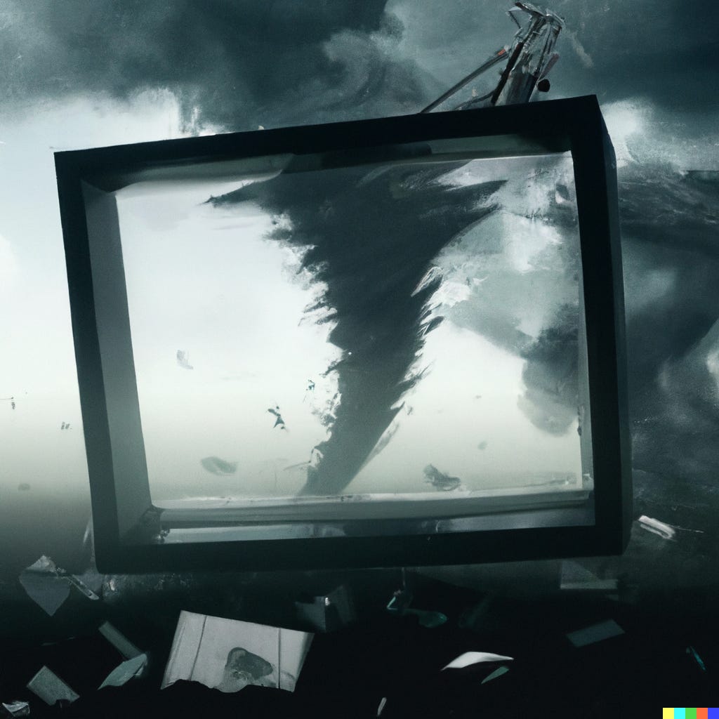 “A television caught in a tornado, digital art” / DALL-E