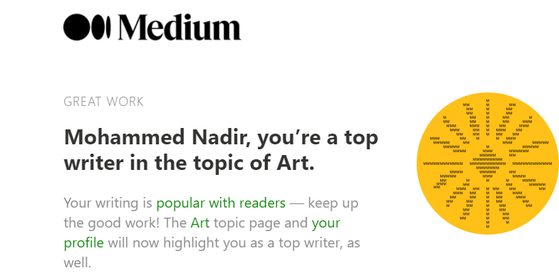 A top writer email from Medium.