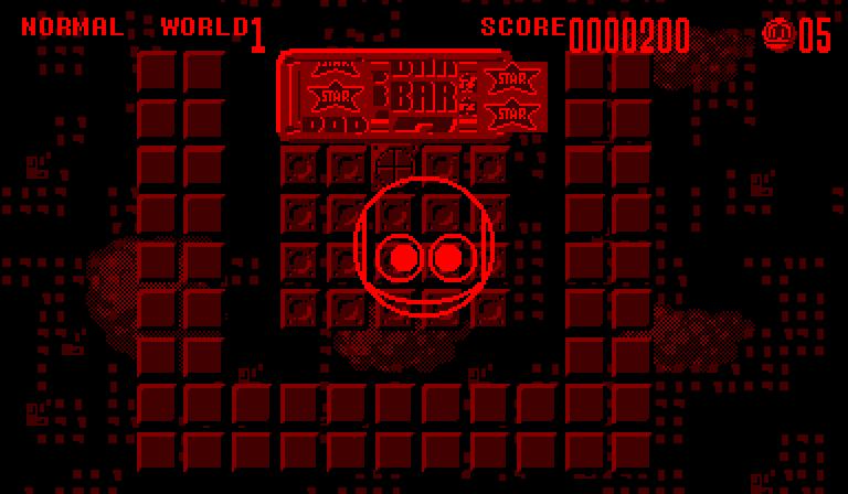 A screenshot from the canceled Bound High!, featuring Chalvo in ball form bouncing in the air. Being a Virtual Boy game, everything is some form of red.
