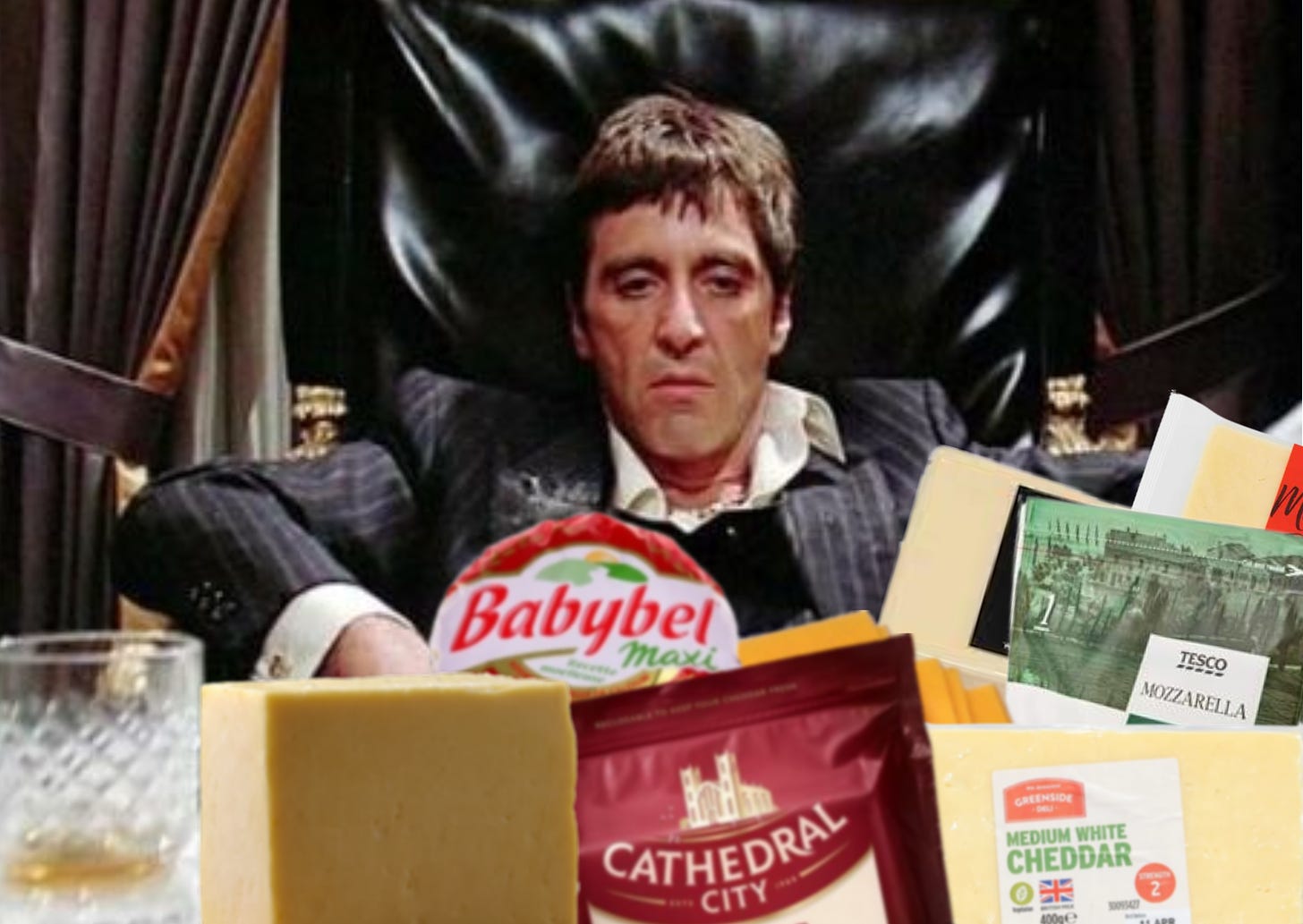 Scarface but Tony Montana has a pile of cheese in front of him instead of cocaine