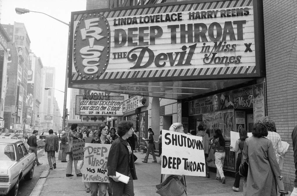 ** ADDS LOCATION OF PHOTO IN CAPTION ** FILE - In this May 31, 1980 file photo, protesters picket the theater where the film "Deep Throat" is being shown, near Times Square in New York.  FBI files released in June, 2009 to the Associated Press show agents across the country and at the highest level of the agency investigated "Deep Throat" _ the 1972 porn movie, not the shadowy Watergate figure _ in a vain attempt to roll back what became a cultural shift toward more permissive entertainment. (AP Photo/Dave Pickoff)