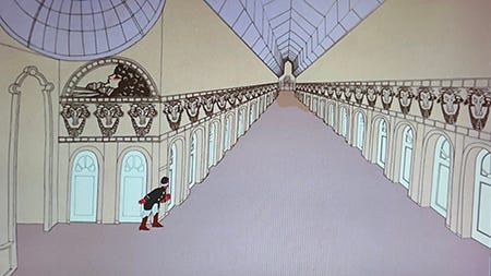 A screenshot from Yellow Submarine, the 1968 animated film featuring cartoon characters of the Beatles. A long hallway filled with doors and doors that a small character, the submarine’s captain “Young Fred,” is staring down.