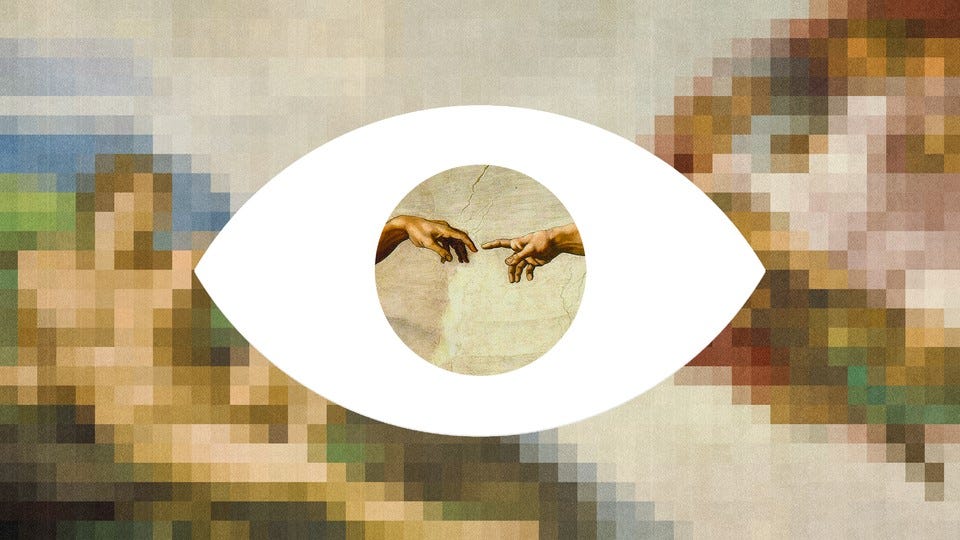 An image of the painting "The Creation of Adam." It's mostly pixelated, with an eyeball superimposed over the center, which clearly shows the hand of God reaching toward Adam.