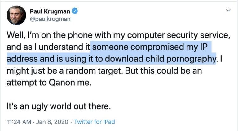 NYT's Paul Krugman claims hackers used his IP address to download child porn