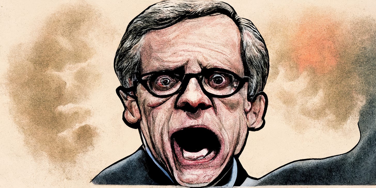 Mike DeWine shouting into the void comic style
