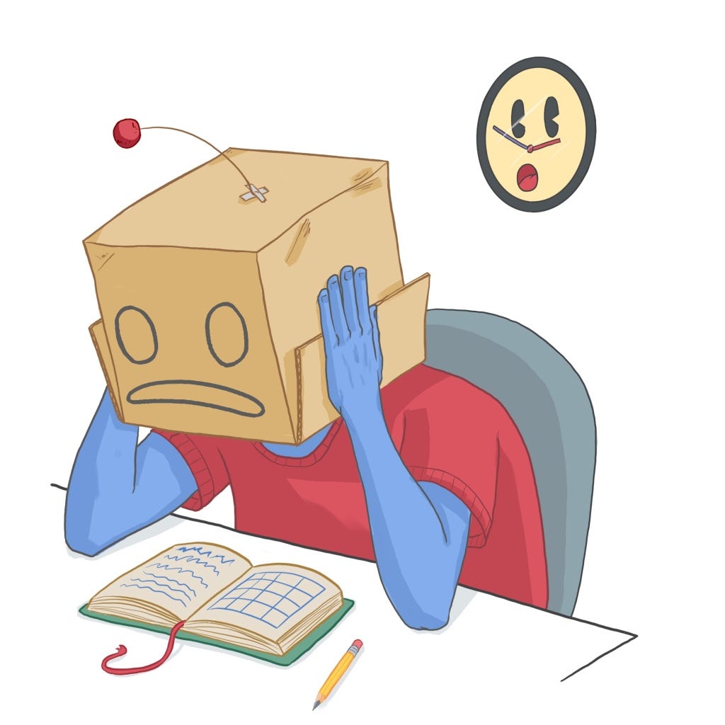 An illustration of a person with a cardboard box on their head sitting at a desk. The box has a worried face drawn on it, and they are holding the box like someone cradling their head. There is an open planner on the desk and a clock with a scared cartoon face behind them. The character is wearing a red shirt and has blue-tinted skin.