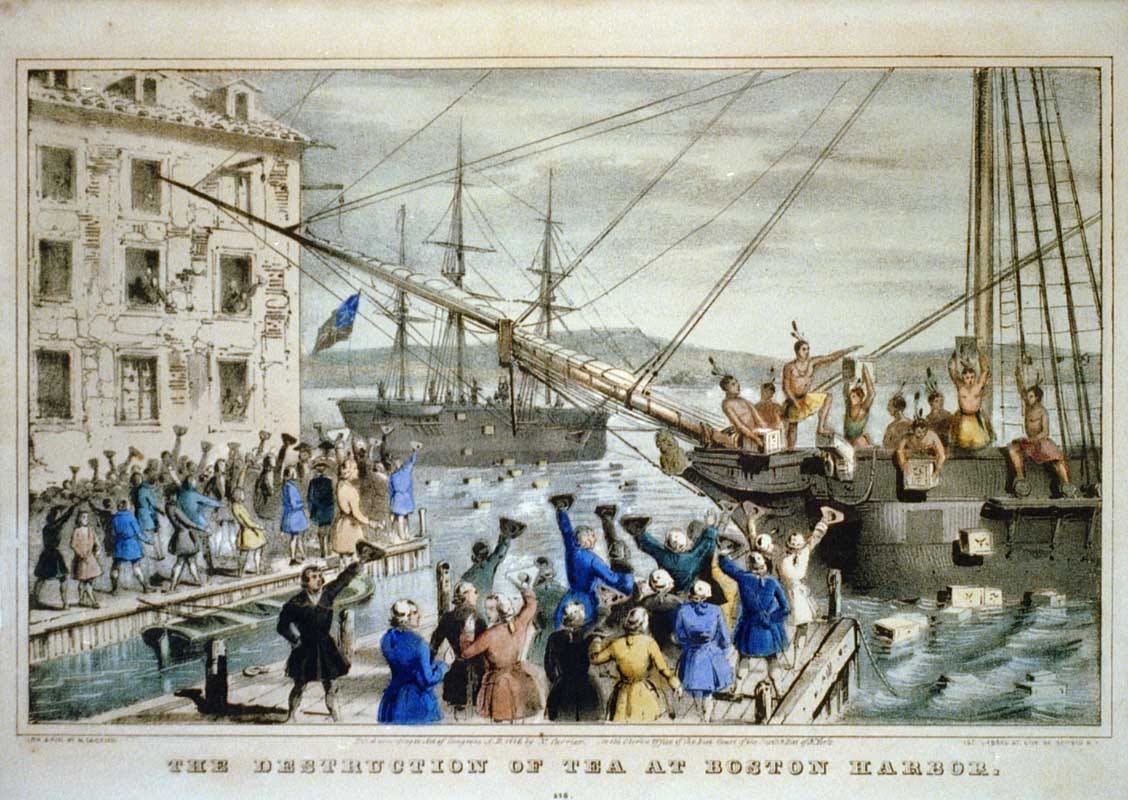 Boston tea party engraving men with ships