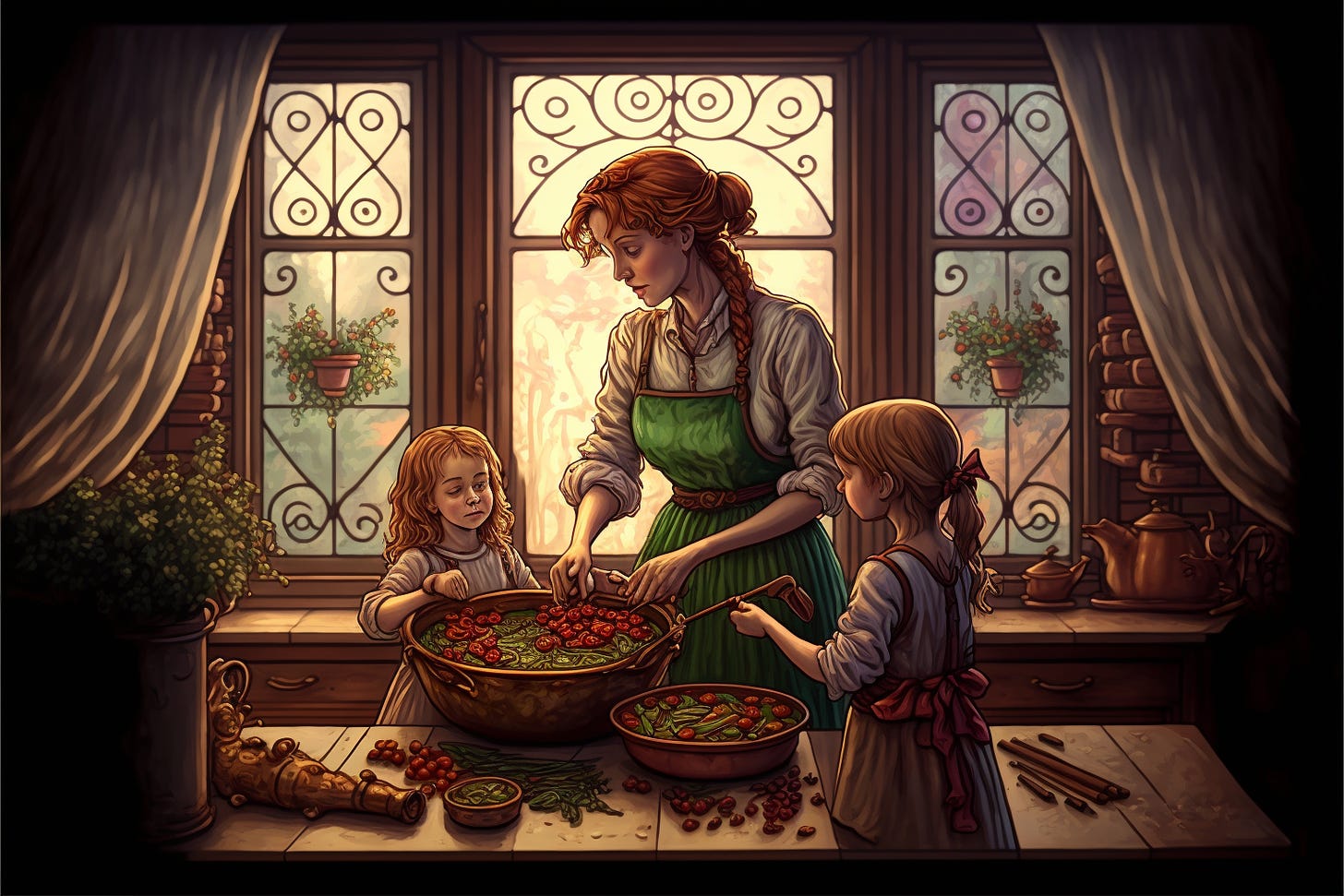 mom cooking lunch for her children in a beautiful and cozy kitchen